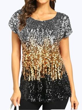 Ombre Sequin Short Sleeve Top - Silver Gold Black